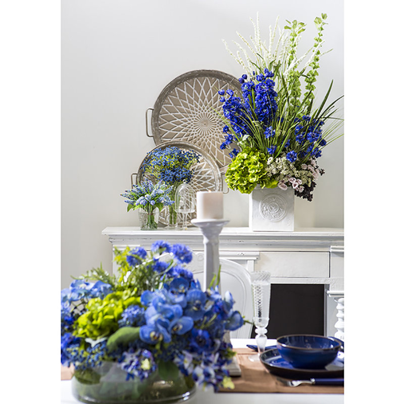 SilksAreForever 42"Hx30"W Delphinium, Hydrangea & Bells Of Ireland Silk